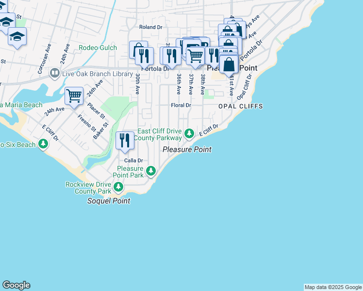 map of restaurants, bars, coffee shops, grocery stores, and more near 23635 East Cliff Drive in Santa Cruz
