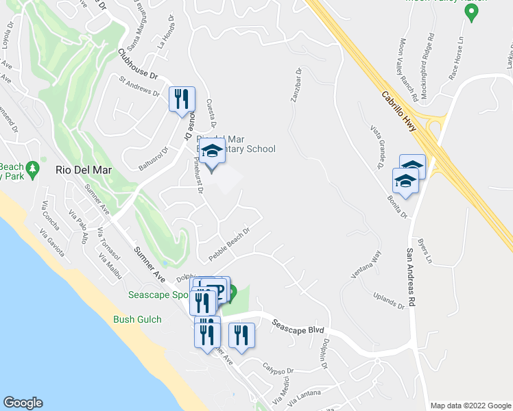 map of restaurants, bars, coffee shops, grocery stores, and more near 255 Thunderbird Drive in Aptos