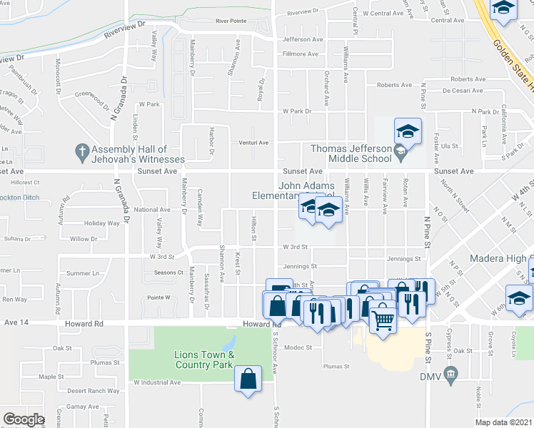 map of restaurants, bars, coffee shops, grocery stores, and more near 2000 National Avenue in Madera