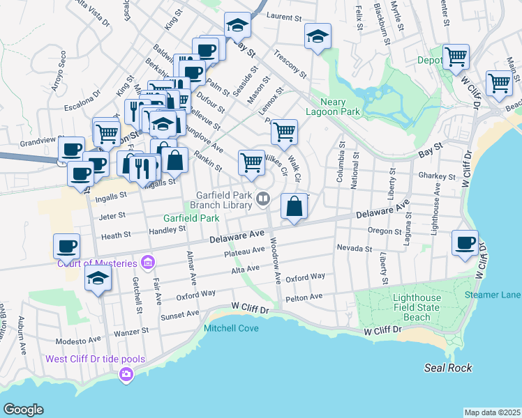 map of restaurants, bars, coffee shops, grocery stores, and more near 705 Woodrow Avenue in Santa Cruz