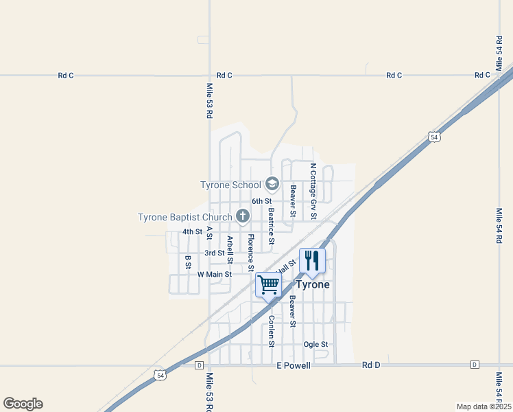 map of restaurants, bars, coffee shops, grocery stores, and more near 803 Cottage Grove in Tyrone