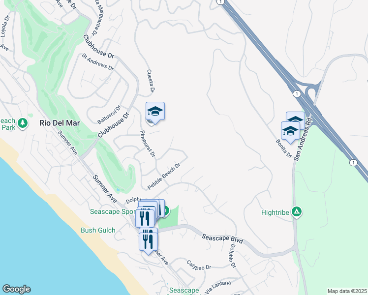map of restaurants, bars, coffee shops, grocery stores, and more near 255 Thunderbird Drive in Aptos