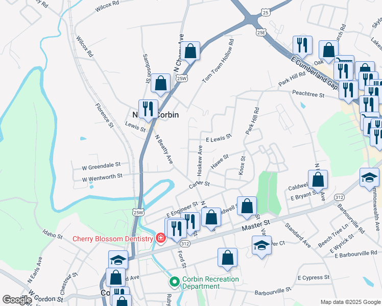 map of restaurants, bars, coffee shops, grocery stores, and more near 21 Moccasin Lane in Corbin