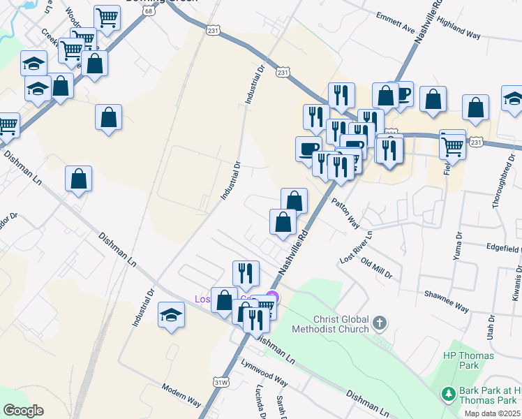 map of restaurants, bars, coffee shops, grocery stores, and more near 567 Lost Circle in Bowling Green