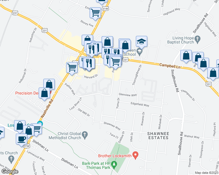 map of restaurants, bars, coffee shops, grocery stores, and more near 851 Fields Drive in Bowling Green