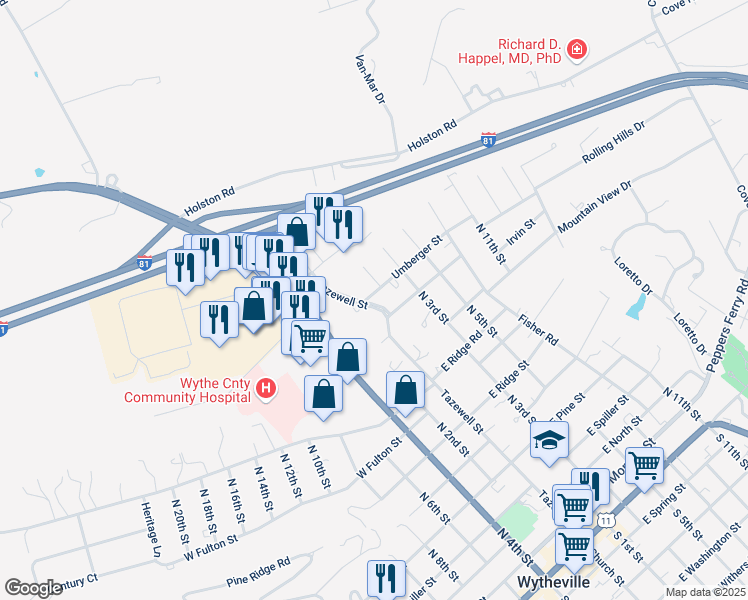 map of restaurants, bars, coffee shops, grocery stores, and more near 1180 Sunset Street in Wytheville