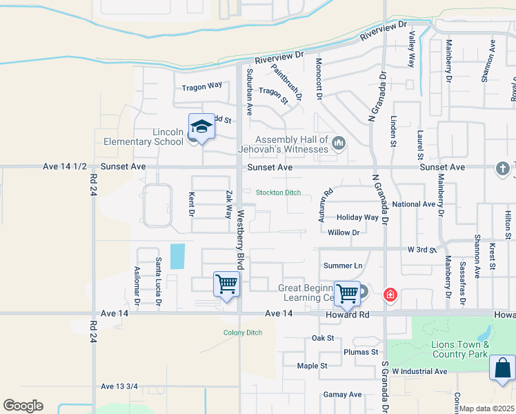 map of restaurants, bars, coffee shops, grocery stores, and more near 3199 Cedar Creek Lane in Madera