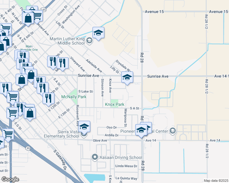 map of restaurants, bars, coffee shops, grocery stores, and more near 1301 American Avenue in Madera