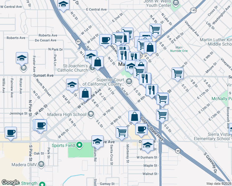 map of restaurants, bars, coffee shops, grocery stores, and more near 322 West 6th Street in Madera