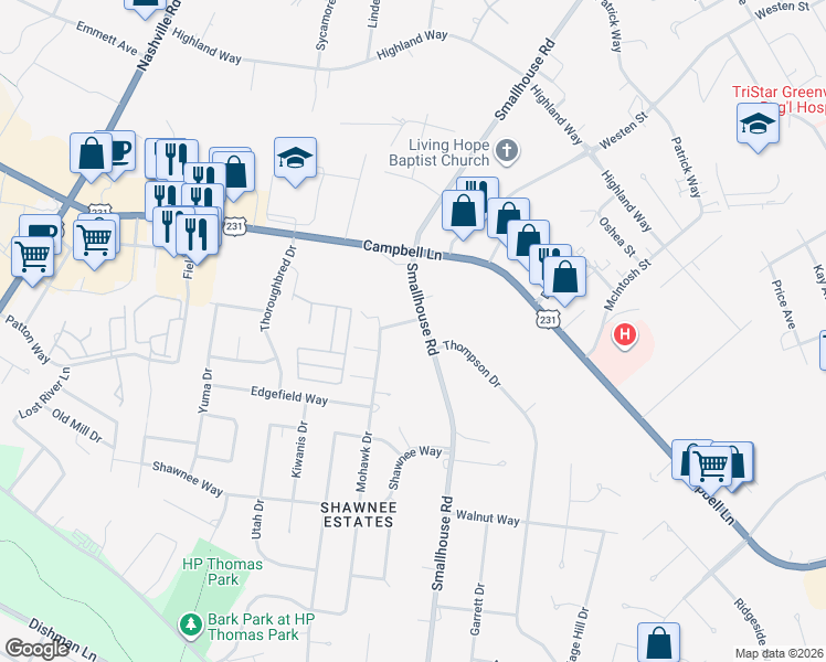 map of restaurants, bars, coffee shops, grocery stores, and more near 2501 Smallhouse Road in Bowling Green