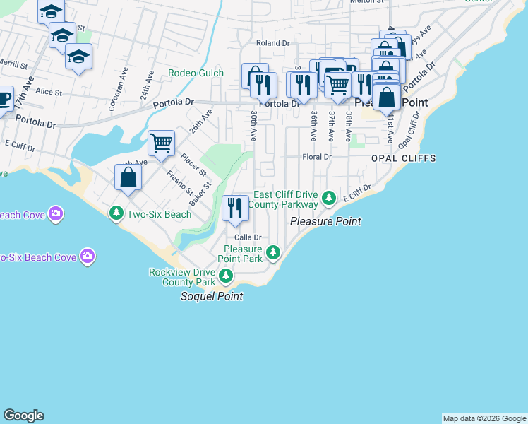 map of restaurants, bars, coffee shops, grocery stores, and more near 345 32nd Avenue in Santa Cruz