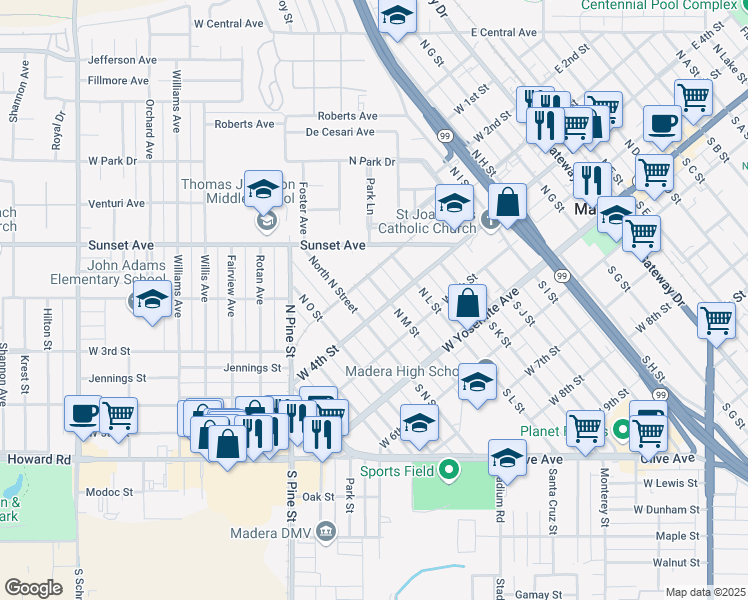 map of restaurants, bars, coffee shops, grocery stores, and more near 312 North M Street in Madera