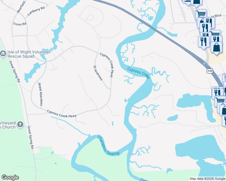 map of restaurants, bars, coffee shops, grocery stores, and more near 1103 Cypress Creek Parkway in Smithfield
