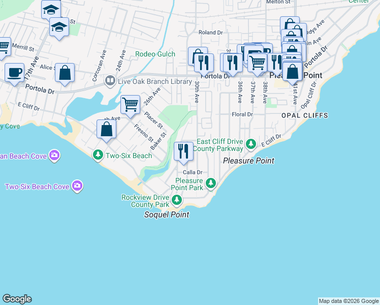 map of restaurants, bars, coffee shops, grocery stores, and more near 334 Anchorage Avenue in Santa Cruz