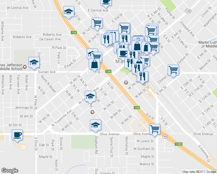 map of restaurants, bars, coffee shops, grocery stores, and more near 118 South I Street in Madera