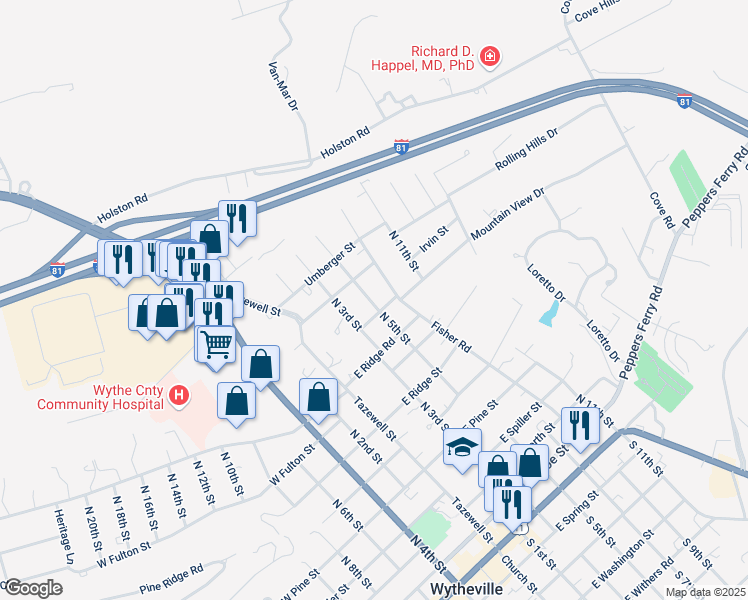 map of restaurants, bars, coffee shops, grocery stores, and more near 490 Mountain View Drive in Wytheville