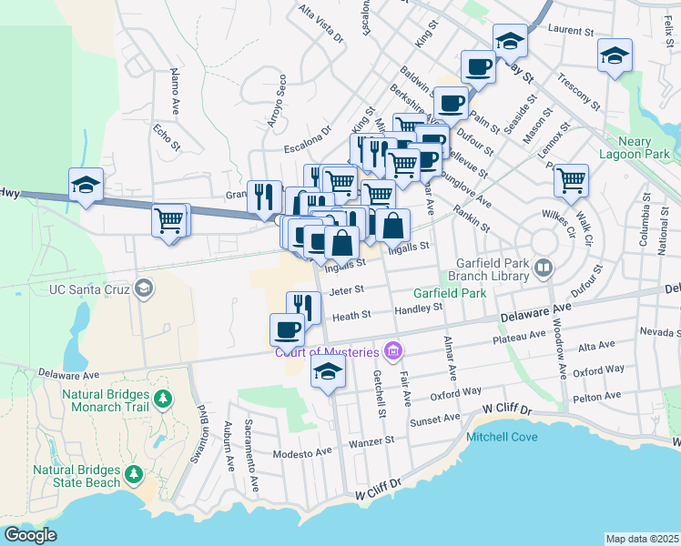 map of restaurants, bars, coffee shops, grocery stores, and more near 375 Ingalls Street in Santa Cruz