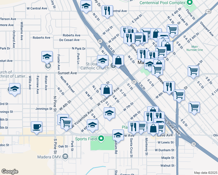 map of restaurants, bars, coffee shops, grocery stores, and more near 113 North K Street in Madera
