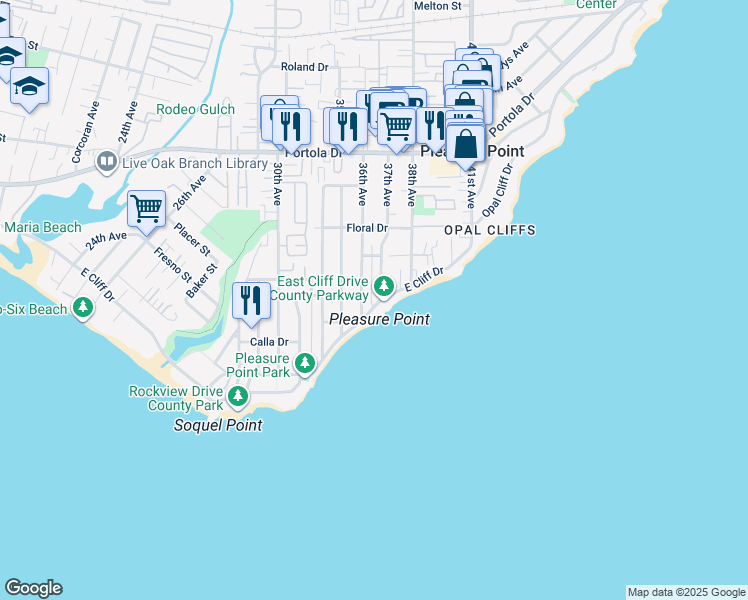 map of restaurants, bars, coffee shops, grocery stores, and more near 360 36th Avenue in Santa Cruz