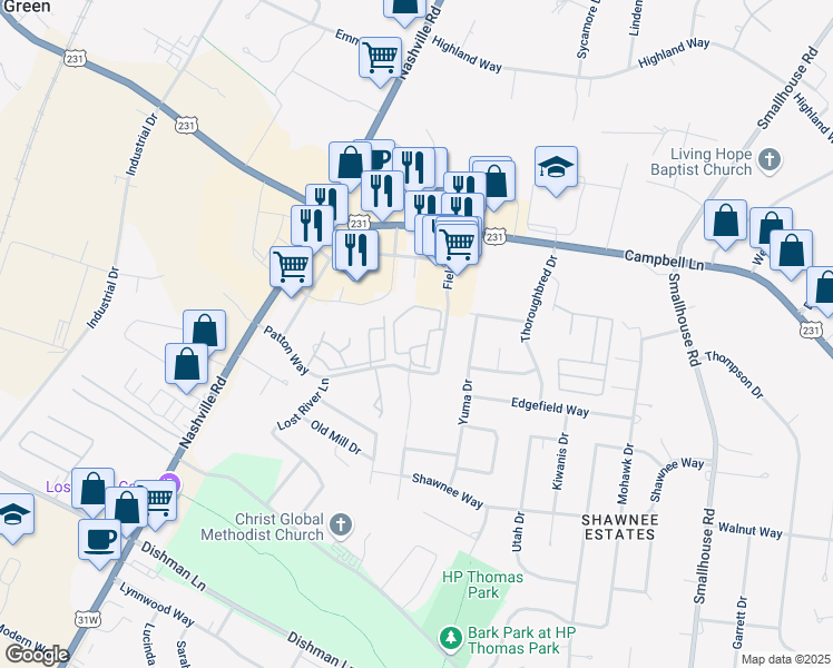 map of restaurants, bars, coffee shops, grocery stores, and more near 851 Fields Drive in Bowling Green
