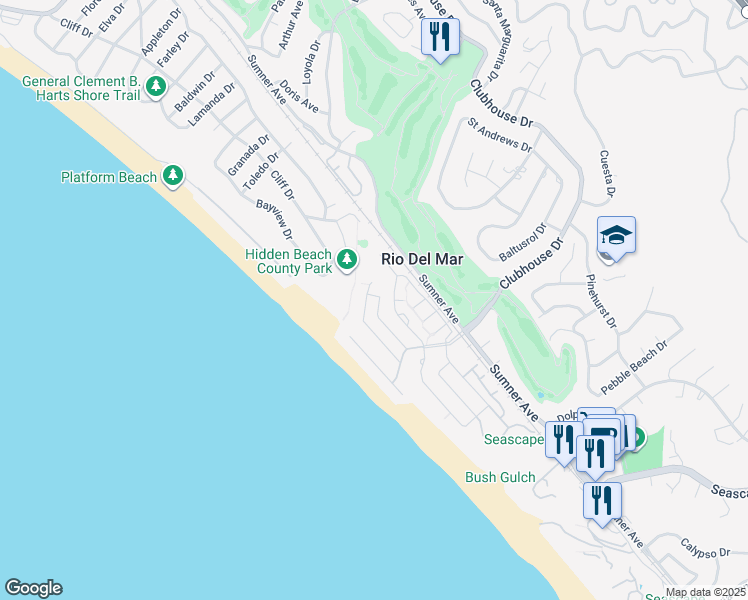 map of restaurants, bars, coffee shops, grocery stores, and more near 237 Vía Campana in Aptos