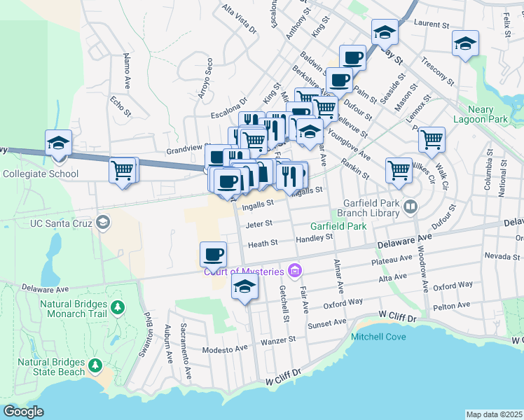 map of restaurants, bars, coffee shops, grocery stores, and more near 375 Ingalls Street in Santa Cruz