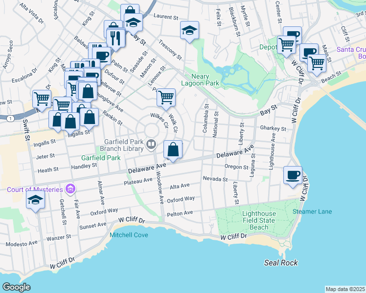 map of restaurants, bars, coffee shops, grocery stores, and more near 154 Dufour Street in Santa Cruz
