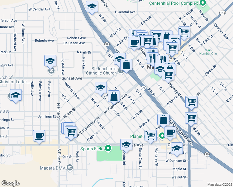 map of restaurants, bars, coffee shops, grocery stores, and more near 113 North K Street in Madera