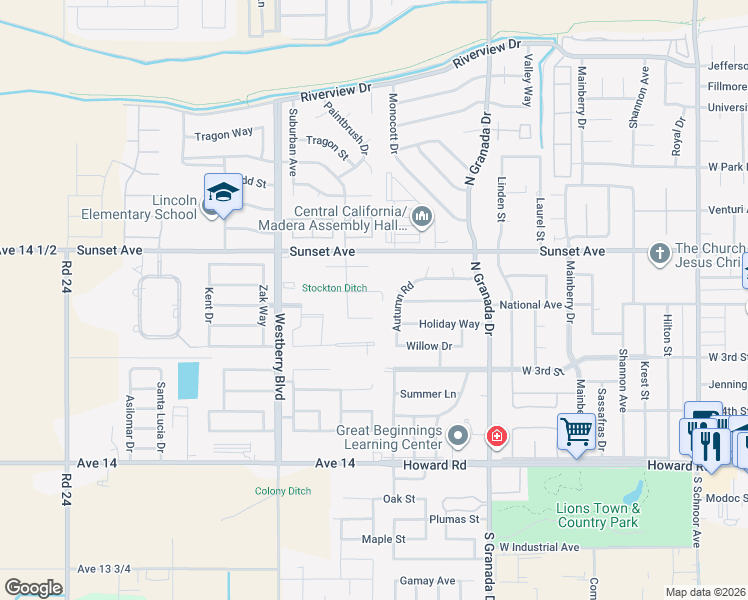 map of restaurants, bars, coffee shops, grocery stores, and more near 3054 Forest Lane in Madera