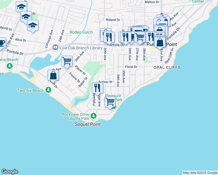 map of restaurants, bars, coffee shops, grocery stores, and more near 345 32nd Avenue in Santa Cruz