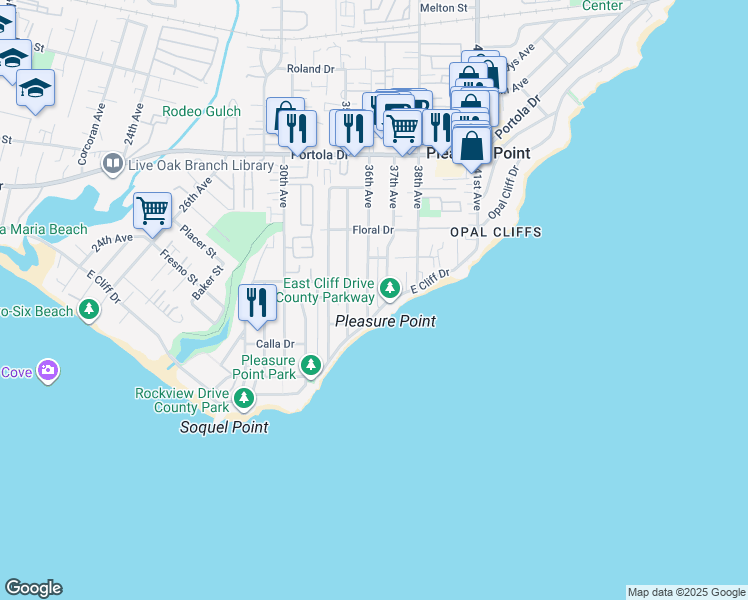 map of restaurants, bars, coffee shops, grocery stores, and more near 360 36th Avenue in Santa Cruz