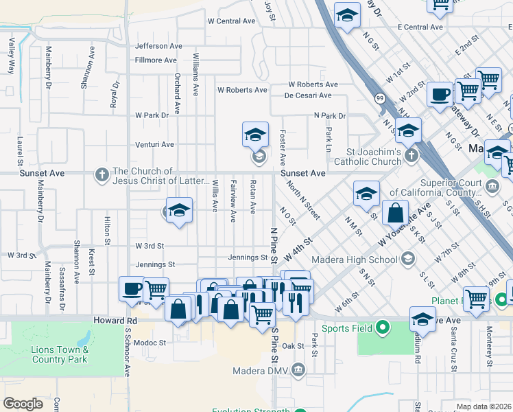 map of restaurants, bars, coffee shops, grocery stores, and more near 501 Rotan Avenue in Madera