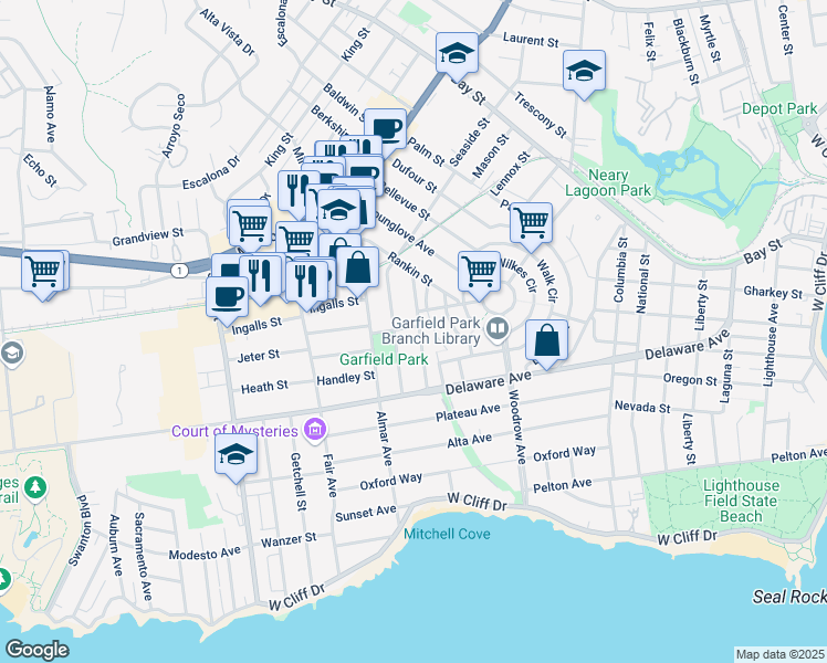 map of restaurants, bars, coffee shops, grocery stores, and more near 155 Surfside Avenue in Santa Cruz