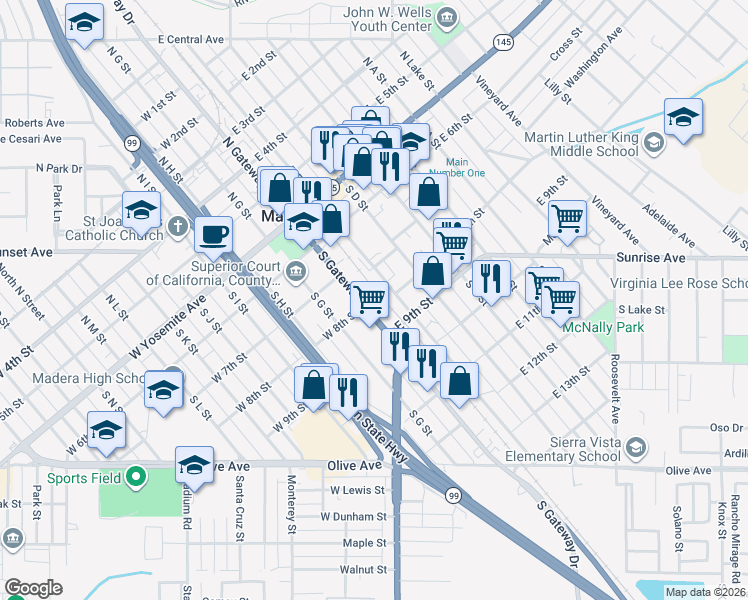 map of restaurants, bars, coffee shops, grocery stores, and more near in Madera