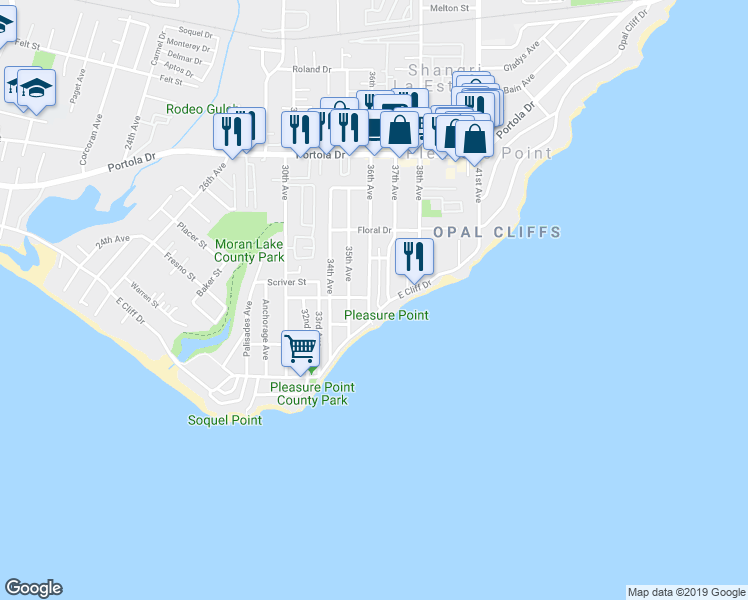 map of restaurants, bars, coffee shops, grocery stores, and more near 360 36th Avenue in Santa Cruz