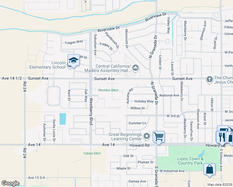 map of restaurants, bars, coffee shops, grocery stores, and more near 3054 Forest Lane in Madera