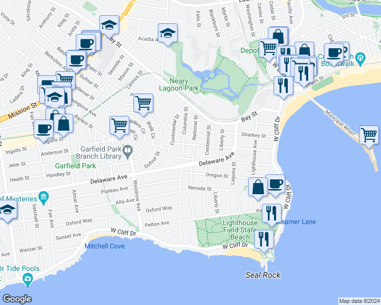 map of restaurants, bars, coffee shops, grocery stores, and more near 411 National Street in Santa Cruz