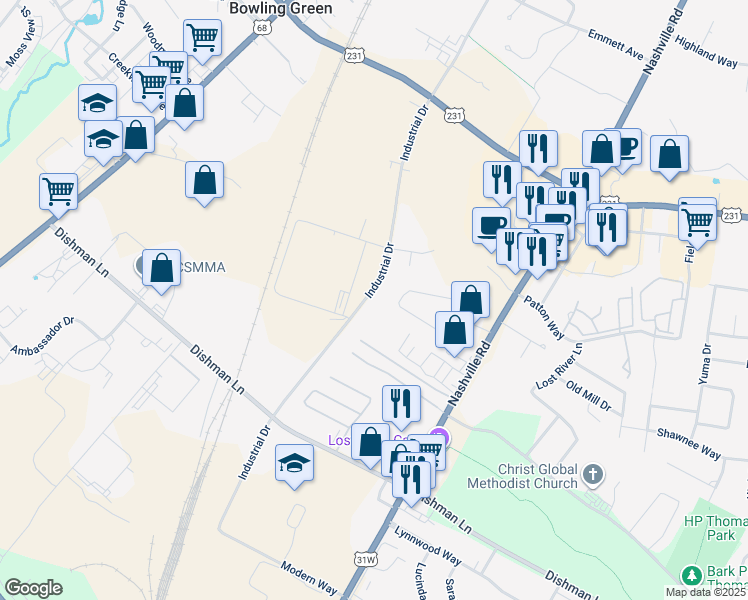 map of restaurants, bars, coffee shops, grocery stores, and more near 3000 Industrial Drive in Bowling Green