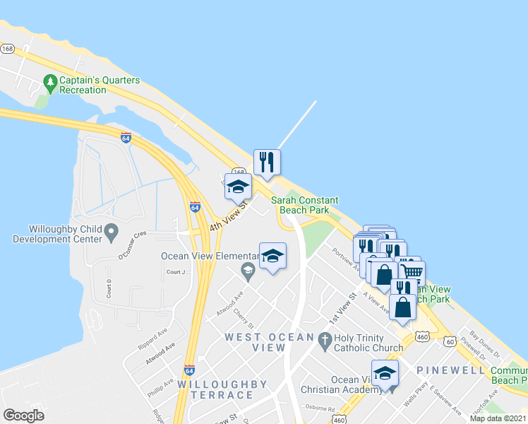 map of restaurants, bars, coffee shops, grocery stores, and more near 357 West Ocean View Avenue in Norfolk