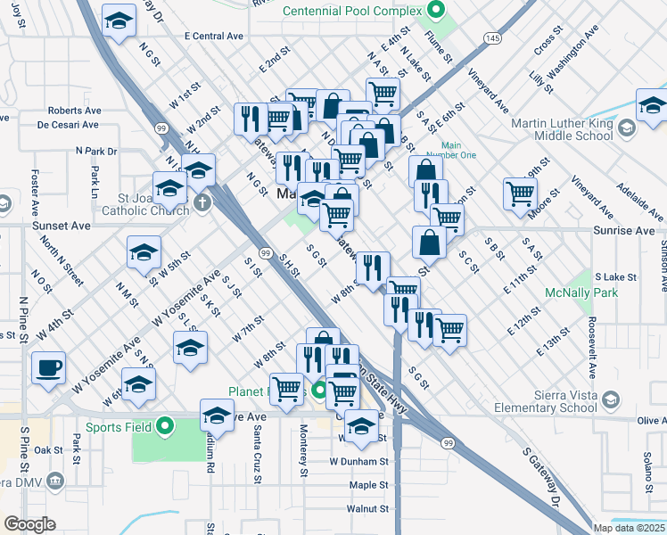 map of restaurants, bars, coffee shops, grocery stores, and more near 305 South G Street in Madera