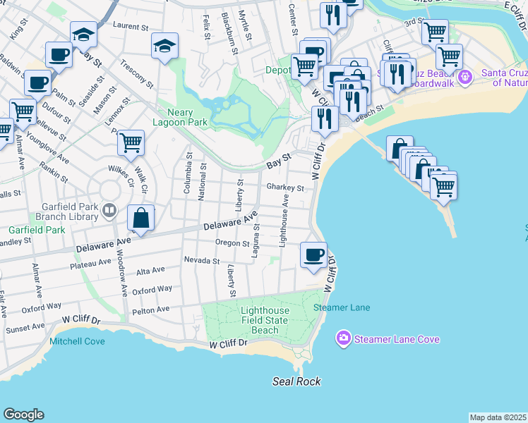 map of restaurants, bars, coffee shops, grocery stores, and more near 301 Santa Cruz Street in Santa Cruz