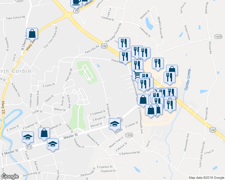 map of restaurants, bars, coffee shops, grocery stores, and more near 786 North Hancock Avenue in Corbin