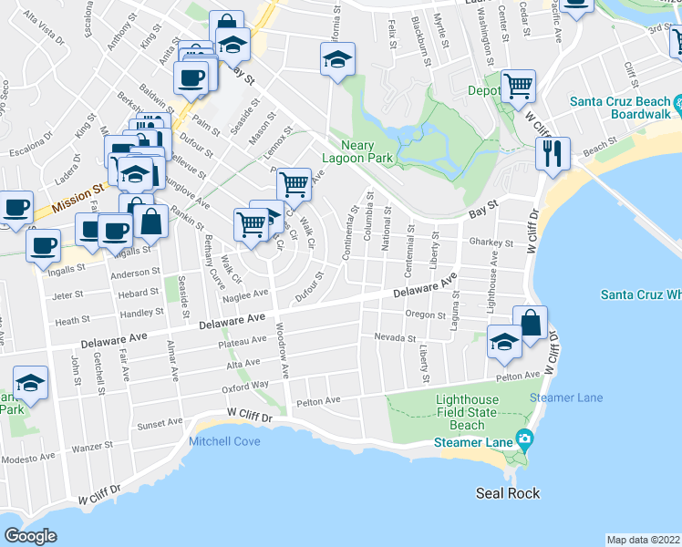 map of restaurants, bars, coffee shops, grocery stores, and more near 101 Graham Avenue in Santa Cruz
