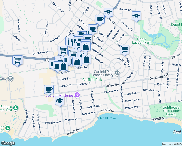 map of restaurants, bars, coffee shops, grocery stores, and more near 700 Almar Avenue in Santa Cruz