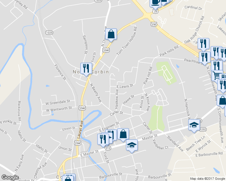map of restaurants, bars, coffee shops, grocery stores, and more near 21 Moccasin Lane in Corbin
