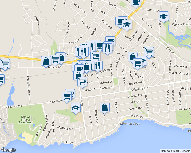 map of restaurants, bars, coffee shops, grocery stores, and more near 1007 Fair Avenue in Santa Cruz
