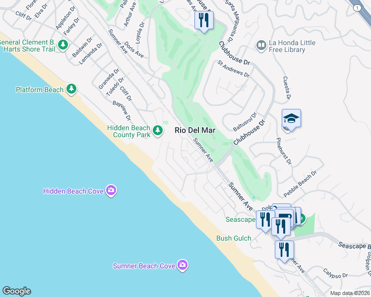 map of restaurants, bars, coffee shops, grocery stores, and more near 115 Palo Alto Place in Aptos
