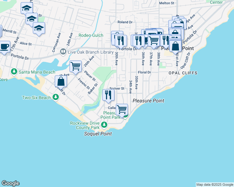 map of restaurants, bars, coffee shops, grocery stores, and more near 30th Ave & Hawes Dr in Opal Cliffs