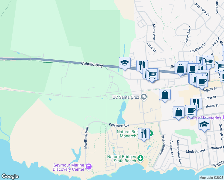 map of restaurants, bars, coffee shops, grocery stores, and more near 1210 Shaffer Road in Santa Cruz
