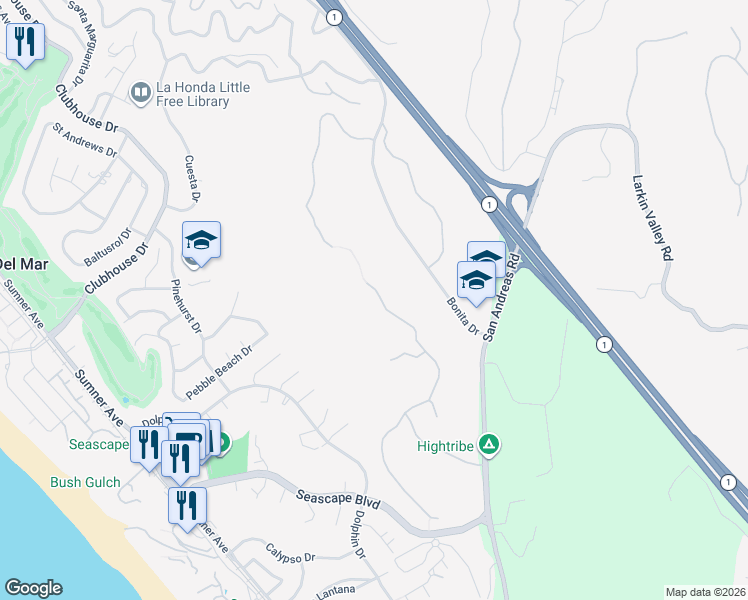 map of restaurants, bars, coffee shops, grocery stores, and more near 423 Ventana Way in Aptos